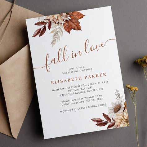 $2.75 | Boho terracotta fall in love bridal shower | Bridal Shower Invitations | terracotta fall bridal shower, fall in love script typography, botanical flowers, rustic country, boho, burnt orange, earthy tones, elegant, modern, trendy calligraphy Fall In Love Bridal Shower, Fall Bridal Shower Invites, Couple Wedding Shower, Invitations Ideas, Floral Pumpkin, Fall Bridal Shower, Bridal Shower Tea, Floral Bridal Shower Invitations, Fall Wedding Invitations