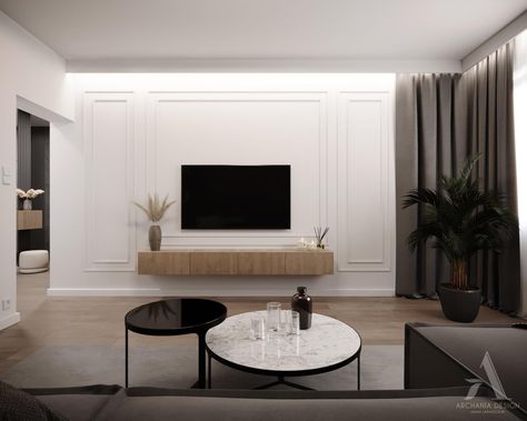 Plain Tv Wall Ideas, Panelled Tv Wall Ideas, Tv Wall Trim Ideas, Paneled Tv Wall, Panelled Walls Living Room Tv, Tv Wall Moulding, Tv Wall Molding, Minimalist Tv Wall Design Living Rooms, Tv Wall Decor Luxury