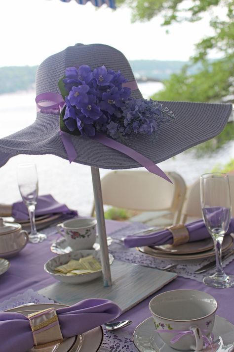 Purple Tea Party Decorations, Hat Themed Party Ideas, Tea Party Centerpieces Table Decorations, Hat Centerpieces Table Decorations, Hat Centerpieces, Tea Party Tablescape, Lavender Centerpieces, Tea Party Centerpieces, Tea Time Party