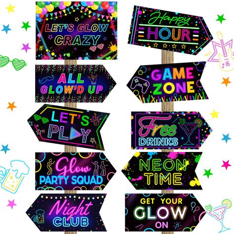 PRICES MAY VARY. Paper Includes 20 neon signs in 10 fun styles for versatile decorative needs at glow parties Made of lightweight, odorless paper with bright, vibrant neon prints using high definition printing technology Simple to use - just tape up with provided tape for quick and easy decorating Perfect for glow parties, neon themed parties, birthdays, carnivals, dance parties and more Sizes vary from 11 x 7.87 in to 11 x 5.12 in; refer to product for exact dimensions  Features:    Cool and fu Glow Party Entrance, Neon Disco Party Ideas, Glow Party Birthday Ideas, Glow Theme Party Decoration, Glow Dance Party Ideas, Neon Decorations Party, Neon Theme Party Decorations, Glow Up Party, Neon Themed Birthday Party