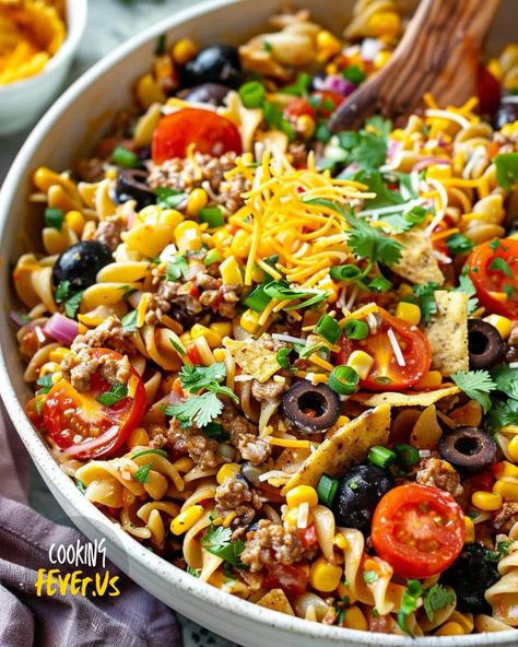 Taco Pasta Salad Pasta Taco Salad, Pasta Taco, Taco Pasta Salad, Summer Bbq Recipes, Mexican Flavors, Pasta Salad Ingredients, Taco Salad Recipes, Taco Pasta, Summer Cooking