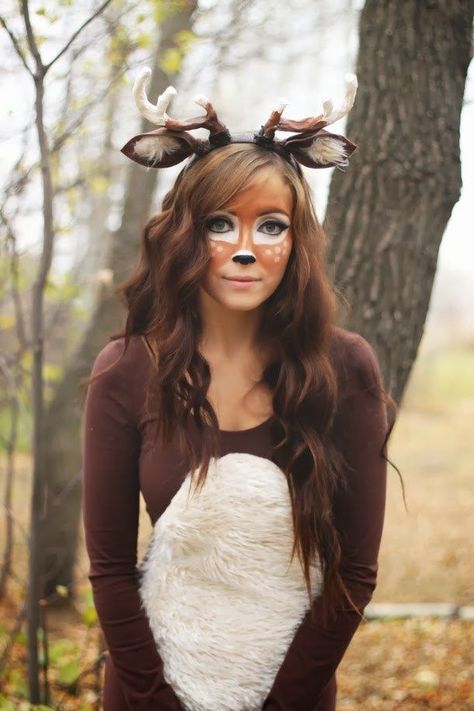 Check out these 30 handmade Halloween costume Ideas, and keep it handy for some last minute ideas! upcycledtreasures.com Diy Reindeer Costume, Diy Deer Costume, Deer Halloween Costumes, Diy Reindeer, Halloween Makeup Tutorial Easy, Deer Outfit, Handmade Halloween Costumes, Deer Makeup, Reindeer Costume