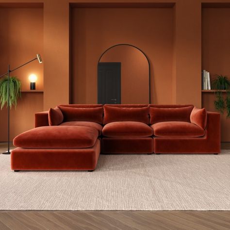 Large Burnt Orange Velvet Reversible 4-Seater Corner Sofa - Hudson - Furniture123 Large Velvet Sofa, Sofa Large Living Room, Velvet Sofa Dining Room, Contemporary Sofa Design Living Rooms, Comfy Velvet Sofa, Sofa Patterns Design, Burnt Orange Corner Sofa, Best Sofa Bed Living Room, Cognac Velvet Sofa