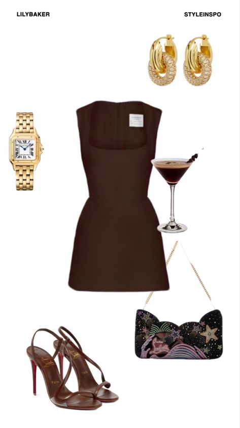 fashion, brown dress, brown heels, christian louboutin heels, christian louboutin bag, red bottoms, cartier watch, espresso martini, gold jewelry, date outfit, outfit inspo, sex and the city Fest Outfits, Modieuze Outfits, Dinner Outfits, Mode Inspo, Mode Streetwear, Fancy Outfits, Lookbook Outfits, Mode Inspiration, Night Outfits