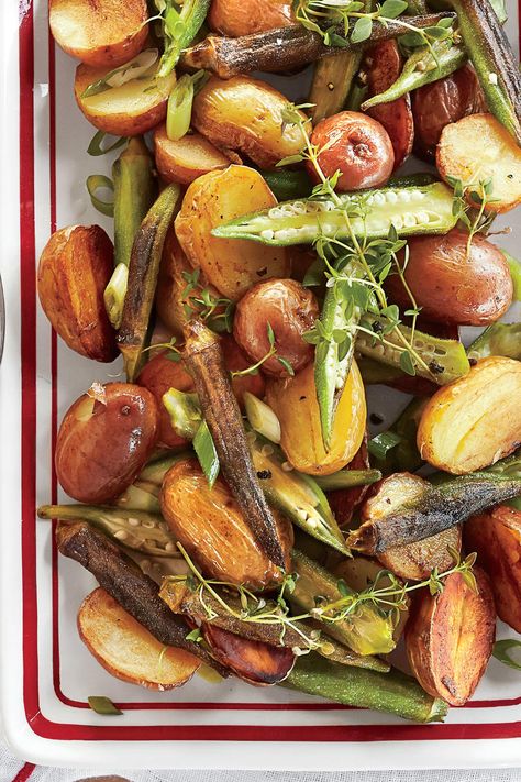 Talk about a genius way to use that summer okra. This side dish is a crowd-pleaser. #potatorecipes #dinnerrecipes #southernliving Okra Salad, Shrimp Boil Party, Grilled Okra, How To Cook Okra, Grilled Potato Salad, Grilled Side Dishes, Red Potato Recipes, Roasted Chicken And Potatoes, Pickled Okra