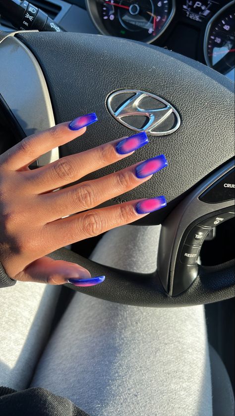 blue and pink aura nails Pink To Blue Nails, Blue Pink Aura Nails, Royal Blue And Purple Nails, Pink & Blue Nails, Pink And Dark Blue Nails, Blue And Purple Nail Ideas, Blue And Pink Aura Nails, Pink And Blue Aura Nails, Hot Pink Aura Nails