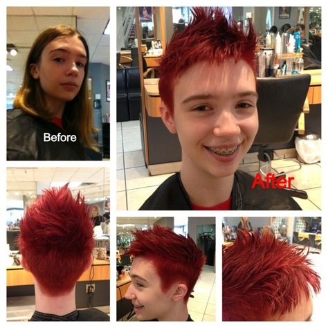 Complete transformation. Blonde to bright red and spikey cut Red Highlights Men Hair, Men’s Red Hair Color, Red Hair Guys Dyed, Red Spiky Hair, Men’s Vivid Hair Color, Men Perm, Red Hair Men, Bright Red, Boys Haircuts