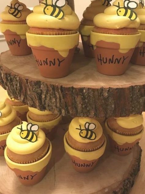 Winnie The Pooh Pots Diy, Winnie The Pooh Gender Reveal Cupcakes, Honey Pot Baby Shower Ideas, Bee Themed Food Snacks, Vintage Winnie The Pooh Cupcakes, Whinne Pooh Baby Shower Ideas, Diy Winnie The Pooh Cake, Honey Pot Cupcakes, Winnie The Pooh Baby Shower Cupcakes