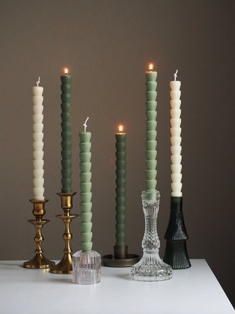 Home decor inspiration for fall. I love these Bamboo Stacked Taper Candles from Etsy. They come in a few different colorways but these green tones are perfect for the fall and even winter months. #falldecor #homedecor #tapercandles #nancymeyersaesthetic Dark Green Candle Holders, Candle Stick Styling, Olive Green House Decor, Taper Candle Aesthetic, Olive Green Candles, Green Candles Aesthetic, Wedding Table Greenery And Candles, Candle Sticks Decor, Candle Holder Decor Ideas