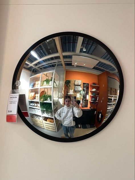 Convex Mirror Living Room, Round Ikea Mirror, Ikea Circle Mirror, Ikea Mirror Round, Ikea Convex Mirror, Ikea Traffic Mirror, Fishbowl Mirror, Ikea Room Inspiration, Fisheye Mirror