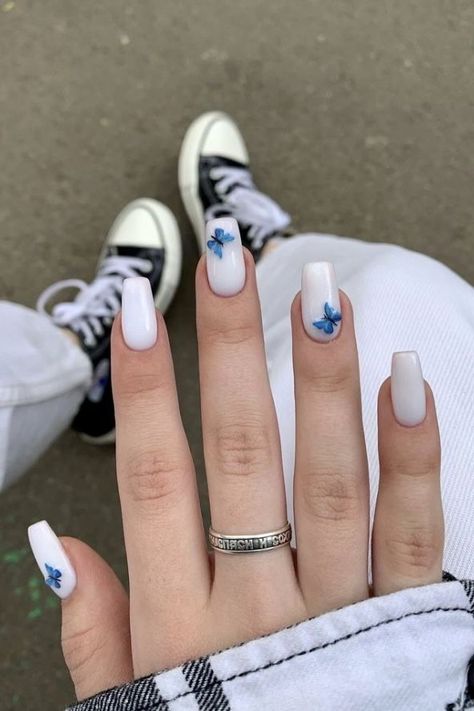 (paid link) Nail Ideas White  Shop by Color Family. Butterfly Nails White, Nails Acrylic Butterfly, Acrylic Butterfly Nails, White Nails Cute, Nail Ideas White, Nails Cute Summer, Summer Nails Cute, Best Nail Designs, Quick Nail Art