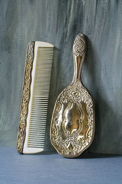 Vintage Hairbrush and Comb, Silver Plated Brush and Comb Set, Victorian Style, Romantic Silver Patina Vintage Hairbrush Set, Old Hairbrush, Silver Hairbrush, Ornate Hand Mirror, Vintage Hairbrush, Vintage Hair Brush, Victorian Bathroom Accessories, Silver Hand Mirror, Victorian Things