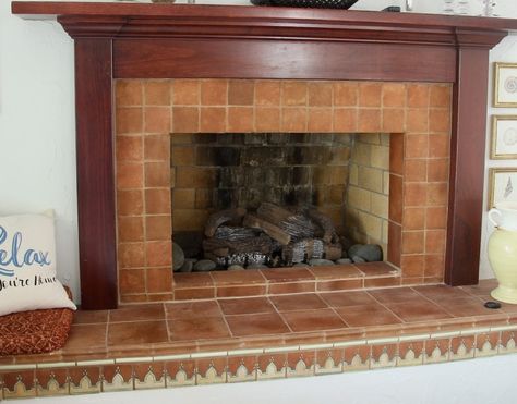 Terracotta Tiles Fireplace, Terra Cotta Tile Fireplace, Terracotta Tile Fireplace Surround, Terracotta Fireplace Surround, Terracotta Fireplace Tile, Terracotta Tile Fireplace, Update Tile Fireplace, Temporary Fireplace, Cheap Fireplace Makeover