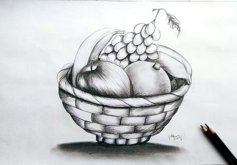 By santosh kumar Fruit Basket Sketch, Drawing Of Fruits, Fruit Basket Drawing, Sketch For Beginners, Pencil Shading Techniques, Drawings With Meaning, Fruit Sketch, Drawing With Pencil, Harley Quinn Drawing