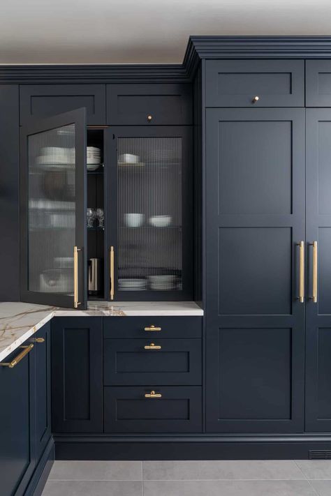 Kitchen Texture: 6 Ways To Use Texture In Your Kitchen | John Lewis of Hungerford Kitchen Ideas Art Deco, Navy Kitchen Design, Dark Navy Cabinets Kitchen, Dark Blue Cupboards Kitchen, Kitchen Indigo Blue, Modern Dark Blue Kitchen, Kitchen Ideas Navy Blue, Navy And Timber Kitchen, Kitchen Dark Blue