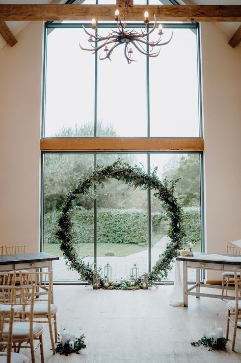 Romantic Autumn Winter Wedding Ceremony Inspiration | A round moongate dressed with an abundance of foliage and styled with gold lanterns and autumnal pumpkins | Captured by Kit Myers Winter Wedding Ceremony, Winter Ceremony, Wedding Ceremony Inspiration, Romantic Autumn, Moon Gate, Gold Lanterns, Wedding Barn, Ceremony Inspiration, Winter Wedding