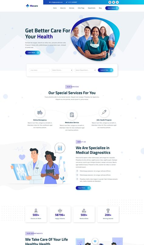 Hospital and Health HTML Template Hospital Website Ui Design, Physiotherapy Website Design, Healthcare Website Design Inspiration, Pharma Website Design, Healthcare Landing Page, Health Website Design, Healthcare Website Design, Font Canva Lettering, Hospital Website