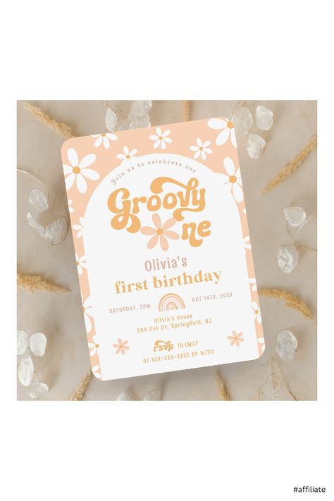 Groovy First Birthday Girl, One Groovy Girl Birthday, Groovy Invitations, Pastel Orange Background, Groovy One, Boho Arch, Rainbow Birthday Invitations, Two Groovy, Rainbow Boho