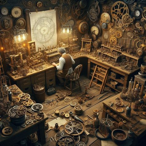 Steam Punk Rooms, Steampunk Workshop Concept Art, Steampunk Room Aesthetic, Invention Aesthetic, Inventor Workshop, Industrial Revolution Aesthetic, Clockpunk Aesthetic, Steampunk Scenery, Steampunk Room Ideas