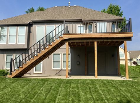 Deck With Metal Railing, Black Pergola, Metal Deck Railing, Metal Railing, Ranch House Exterior, Metal Deck, Cedar Deck, Pallet House, Yellow Wood