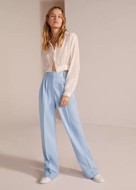 Light Blue Trousers Outfit, Blue Trousers Outfit, Light Blue Trousers, Blue Pants Outfit, Baby Blue Pants, Blue And White Outfits, Dress Pants Outfits, Light Blue Pants, Blue Dress Pants