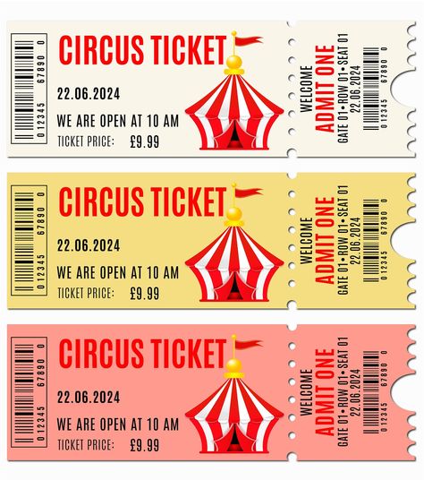 A set of three circus tickets, each with a different color schem by Tatiana Gontar on Dribbble Circus Tickets Printable Free, Circus Ticket Booth, Carnaval Ideas, Carnival Ticket, 11 Anniversary, Circus Tickets, Carnival Tickets, Ticket Booth, Circus Poster