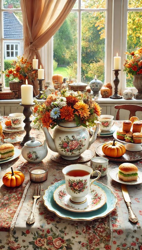 🍂 21 Stunning Fall Table Decoration Ideas That Will Transform Your Home 🍁 September Table Decorating Ideas, Fall Tea Party Decorations, Fall Tea Party, Afternoon Tea Table Setting, Yea Party, Sunlit Room, Fall Table Decorations, Round Table Settings, Tea Party Table Settings