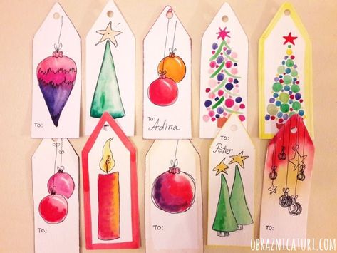 These simple watercolor tags are a gift in themselves. Gift Tags For Christmas, Watercolor Gift Tags, Diy Christmas Tags, Teaching Watercolor, Christmas Gift Tags Diy, Christmas Gift Tags Handmade, Christmas Bookmarks, Christmas Card Art, Gift Tags Diy