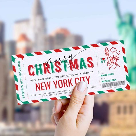 Surprise New York Trip Gift Ticket Voucher Movie Night Tickets, Gift Tickets, Christmas Spa, New York Noel, Christmas Vouchers, Christmas New York, Christmas Gift Vouchers, Nyc Vacation, Boarding Pass Template