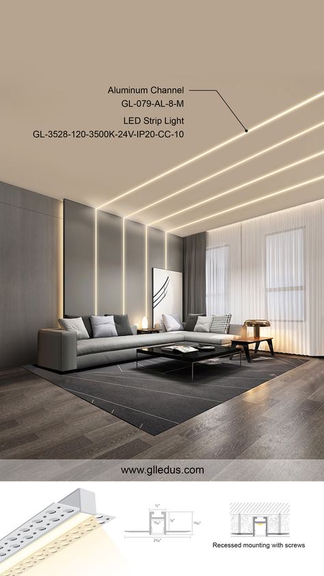 Modern living room elegantly illuminated by GL-079-AL-8-M aluminum channel with GL-3528-120-3500K-24V-IP20-CC-10 LED strip light, creating a warm and inviting ambience. The image showcases vertical lighting that accentuates the room's high ceilings and architectural details, accompanied by an inset diagram of the recessed mounting with screws. For more sophisticated lighting options, visit glledus.com. Led Channel Lighting Ceiling, Drywall Ceiling, Linear Led Celing Lights, Led Linear Suspension Light, Led Strip Light, Stylish Lighting, Aluminum Extrusion, Strip Light, Led Neon Lighting