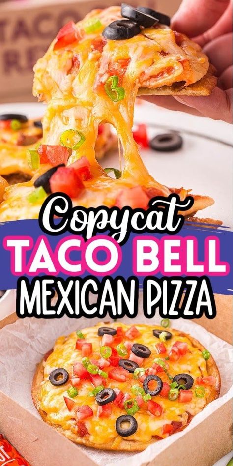 This copycat Taco Bell Mexican Pizza recipe has a double layer of fried tortillas stuffed with seasoned ground beef, refried beans, salsa, and cheese. Mexican Pizza Taco Bell, Taco Bell Mexican Pizza Recipe, Tamale Sauce, Taco Fixings, Copycat Taco Bell Mexican Pizza, Taco Bell Pizza, Copycat Taco Bell, Mexican Pizza Recipe, Taco Bell Mexican Pizza