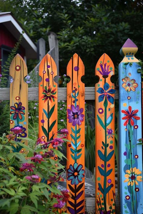 Fence Decorating Ideas, Garden Transformation, Hippie Garden, Garden Fence Art, Art Pole, Garden Poles, Gardening Hacks, Fence Art, Boho Garden