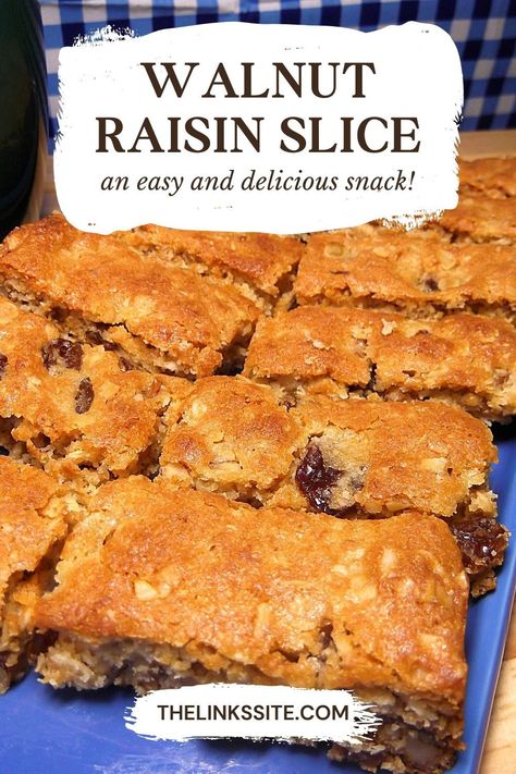 Get ready to whip up a scrumptious Walnut Raisin Slice with minimal effort! Just combine the ingredients, press into a tray, and pop it in the oven. Voila! Indulgence has never been this easy. Let's bake it up! Dessert With Raisins, Raisin Recipes Easy, Slices Recipes Easy, Easy Cloud Bread Recipe, Raisins Recipe, Boiled Fruit Cake, Apple Scones, Bars Dessert, Easy Slice