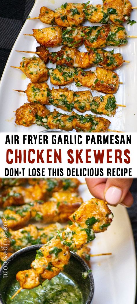 Air Fryer Garlic Parmesan Chicken Skewers via @sosrecipesofficial Air Fryer Garlic Parmesan Chicken, Garlic Parmesan Chicken Skewers, Parmesan Chicken Skewers, Air Fryer Garlic, Air Fryer Oven Recipes, Air Fry Recipes, Best Low Carb Recipes, Garlic Parmesan Chicken, Air Fryer Recipes Chicken