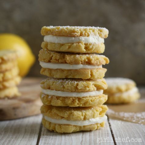 Lemon Cornmeal Sandwich Cookies | www.girlichef.com Cornmeal Cookies, Food Cookies, Meringue Pie, Lemon Cookies, Lemon Recipes, Easter Cookies, Homemade Food, Sandwich Cookies, Easy Vegetarian