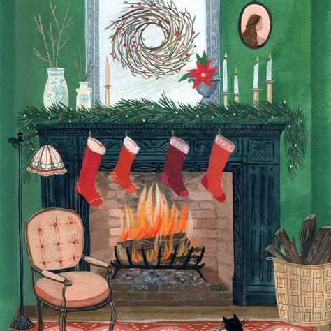 Rachel Grant, Fireplace Drawing, Cosy Fireplace, Winter Greetings, Charity Christmas Cards, British Artists, Winter Illustration, Christmas Card Art, Watercolor Christmas Cards