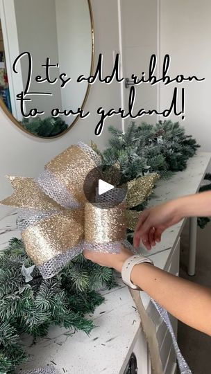 23K views · 753 reactions | Let’s add ribbons to our garland! If you’ve seen my previous reels, you’ll know that I love ribbons. 😊 For this garland, I’ll be adding our silver 10m width and layering it with a 6.4m champagne glitter ribbon. I place the poinsettia at the center of the garland and start working on the ribbons. I cut a fishtail at the end to give a nice finish and start a loop. The tail is about 8cm, and the full length of the loop is 15cm. Make three loops, and every time you start a loop, twist the ribbon so the beautiful glitter side is facing out. Then attach it to one side of the poinsettia. Make a loop going to the other end of the garland, attaching it using the branches. Make sure to push the ribbon up to create a full loop before attaching it. Continue until you reach Ribbon On Christmas Garland, Using Ribbon As Garland Christmas Trees, Ribbon On Garland, Ribbon On Mantel Garland, How To Add Ribbon To Garland, Garland With Ribbon, Ribbon Mantle Garland, Mesh Ribbon Curls On Christmas Tree, Xmas Tree Ribbon Wothcurled Tail Tutorial