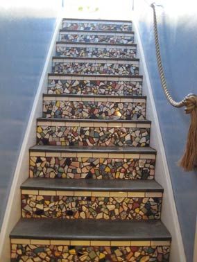 Mosaic Stairs, Tiles Ideas, Glass Stairs, Stair Risers, Stair Steps, Stairway To Heaven, White Tiles, Stained Glass Mosaic, My Dream Home