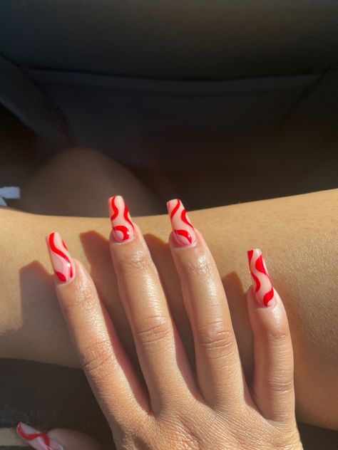 Red Swirl Nails, Swirl Nails, Milky Nails, Red Acrylic Nails, Edgy Nails, Cute Acrylic Nail Designs, Simple Acrylic Nails, Red Nail Designs, Acrylic Nails Coffin Short