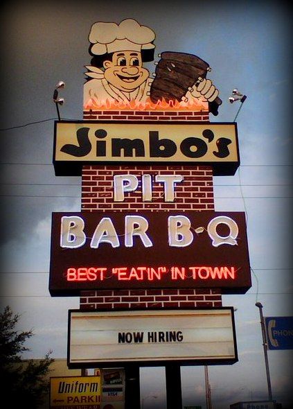 Jimbo's Pit Bar B-Q, Best "Eatin" In Town ~ Awesome Neon Sign....my favorite from Florida Roadside Signs, Bbq Signs, Bar B Q, Vintage Neon Signs, Retro Sign, Roadside Attractions, Old Signs, Road Signs, Tampa Florida