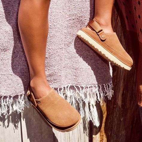 Crafted From Velvety Suede, This Versatile Platform Clog Offers A Wear-With-Everything Style. If You Are Reaching For A Clog, You'll Want Comfort, And The Goldenstar Clog Delivers! The Heel Strap Features A Swivel Design For A 2-In-1 Wearing Option -- Wear It As A Heel Strap Or Stacked On Top Of The Vamp For A Stylish Option. An Ultra-Lightweight Outsole Provides All-Day Cushion And Support. The Outsole Of This Product Is Either A Sugarsole Outsole, Which Is A Responsible Compound Using Sugarcan Golden Star Clog Outfit Ugg, Goldenstar Clog Uggs Outfit, Ugg Goldenstar Clog Outfit, Ugg Mules, Clog Outfit, Ugg Outfits, Ugg Clogs, Ivory Sandals, Studded Clogs