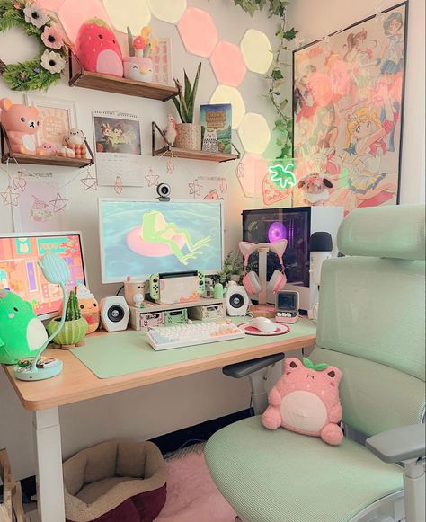 Kawaii Gaming Setup, Pink Gaming Setup, Games Room Inspiration, Home Office White, Desk For Home Office, Gaming Desk Setup, Cozy Desk, Gamer Setup, Drafting Chair