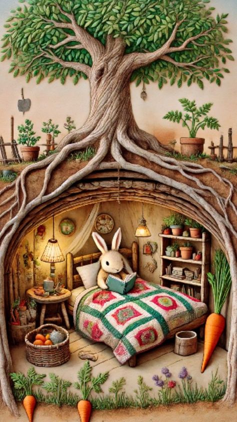 "Whimsical Underground Hideaway - Cozy Storybook-Inspired Room Art" Cozy Animals Illustration, Storybook Art Vintage, Cozy Illustration Art, Cozy Home Illustration, Storybook Art Illustrations, Whimsy House, Storybook Illustration, Storybook Art, Interior Illustration