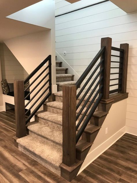 Basement Designs, Rustic Stairs, Metal Handrails, Stair Railings, Cozy Basement, Staircase Remodel, Stair Remodel, Stairway Design, Basement Makeover