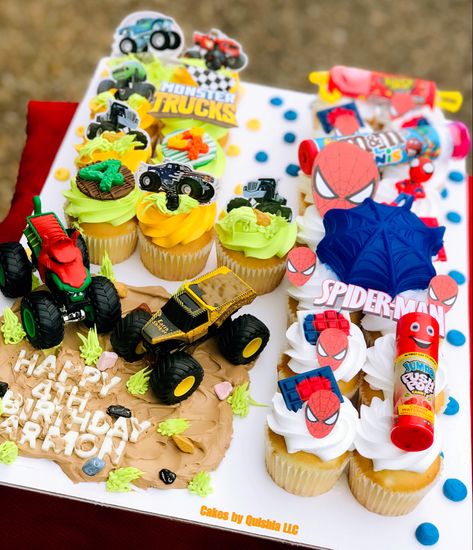 Number 4 Cupcake Cake, Spider Man Cupcakes, Man Cupcakes, Birthday Cupcakes Boy, Spiderman Cupcakes, Monster Jam Party, Cake Pulls, Truck Pulls, Pull Apart Cupcakes