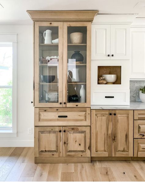 Ambrosia Maple Kitchen Cabinets, Adler Wood Kitchen Cabinets, Eider White Kitchen Cabinets, Real Wood Cabinets Kitchen, Raw Wood Cabinets Kitchen, Hickory And White Kitchen Cabinets, Natural Wood Trim Farmhouse, White And Stained Kitchen Cabinets, Raw Wood Cabinets