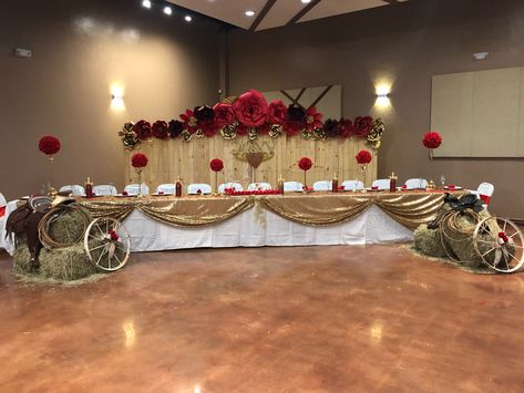 Quinceanera Venues Charro, Quinceanera Vaquero Theme, Red Charro Quinceanera Crown, Main Tables For Quinceanera, Ranchero Quinceanera Decorations, 15 Centerpieces Ideas Mexican, Charro Decorations For 15 Red, Red Vaquero Quince Theme, Charro Quinceanera Main Table