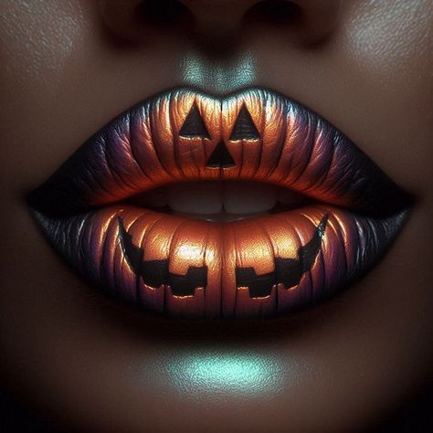 realistic, detailed, accurate, close-up of a model's lips painted with iridescent pumpkin lipstick that resembles a spooky jack-o'-lantern. The lighting is dark and eerie, with the lips being the only source of light in the image. Pumpkin Lipstick, Lip Paint, Lip Art, Eye Art, Lipsticks, Jack O Lantern, Close Up, Lanterns, Lips