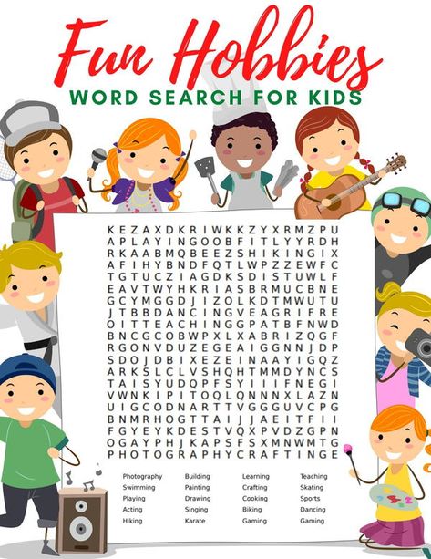 Swimming, biking, crafting, acting, painting. What hobbies do your children enjoy?  There are so many fun different hobbies that we can explore in our spare time and to help your family explore some new hobby ideas for kids, we’ve created this fun Fun Hobbies Word Search and Fun Hobbies Word Scramble for kids. If your kids are looking for some new activities or hobbies to enjoy have them explore some fun new ideas with this free hobbies word search and word scramble. Free Hobbies, Word Scramble For Kids, Preposition Of Place, 8 Dimensions Of Wellness, New Hobby Ideas, Dimensions Of Wellness, Different Hobbies, New Diy Ideas, Kids Word Search