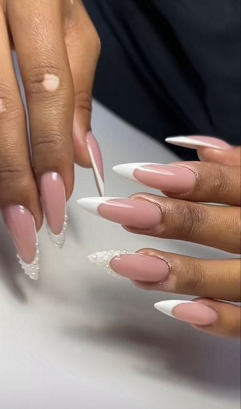 French Manicure Designs On Almond Nails, French Stelito Nails, Natural Almond Acrylic Nails With Design, Almond Shape French Tip Design, French Tip Designs Acrylic Almond, French Tip Acrylic Nails Almond Summer, Almond Nails Designs Graduation, Almond French Designs, Bling French Tip Nails Almond